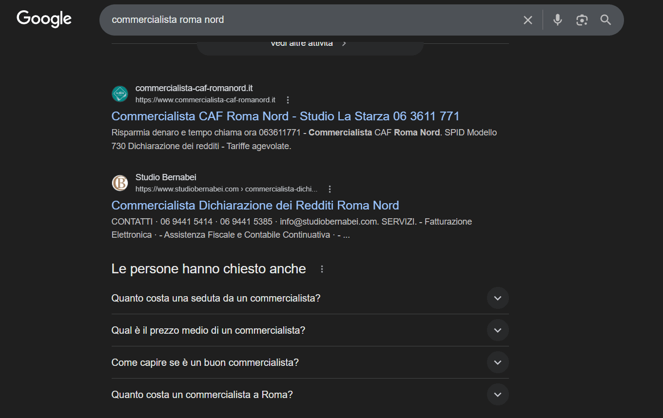 Screenshot Google: commercialista Roma Nord al primo risultato organico