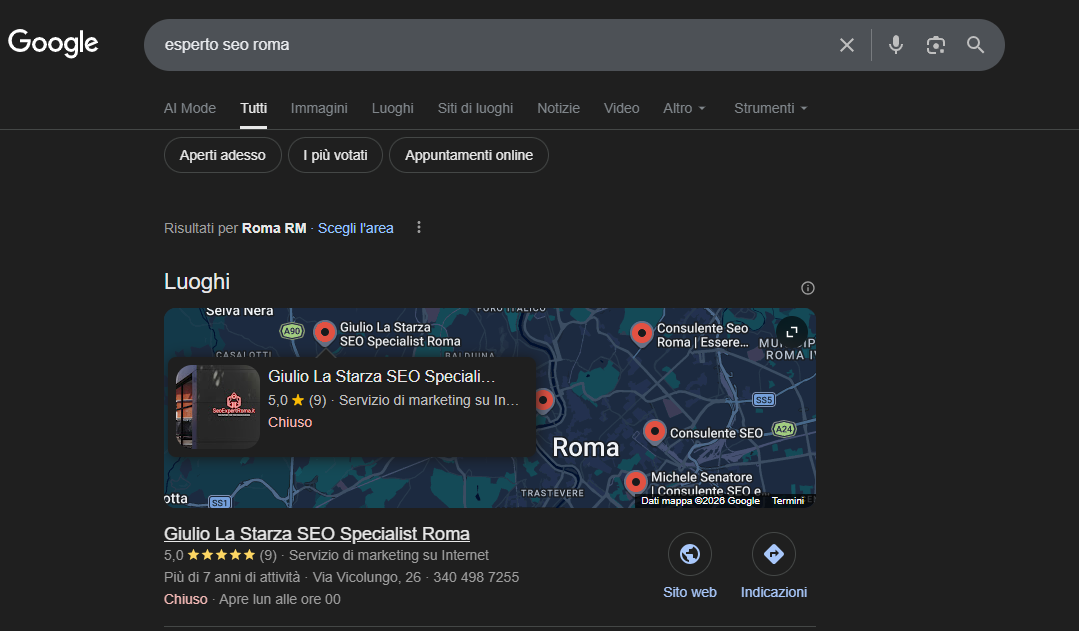 Google Business Profile Giulio La Starza SEO Specialist Roma — 5.0 stelle su 9 recensioni