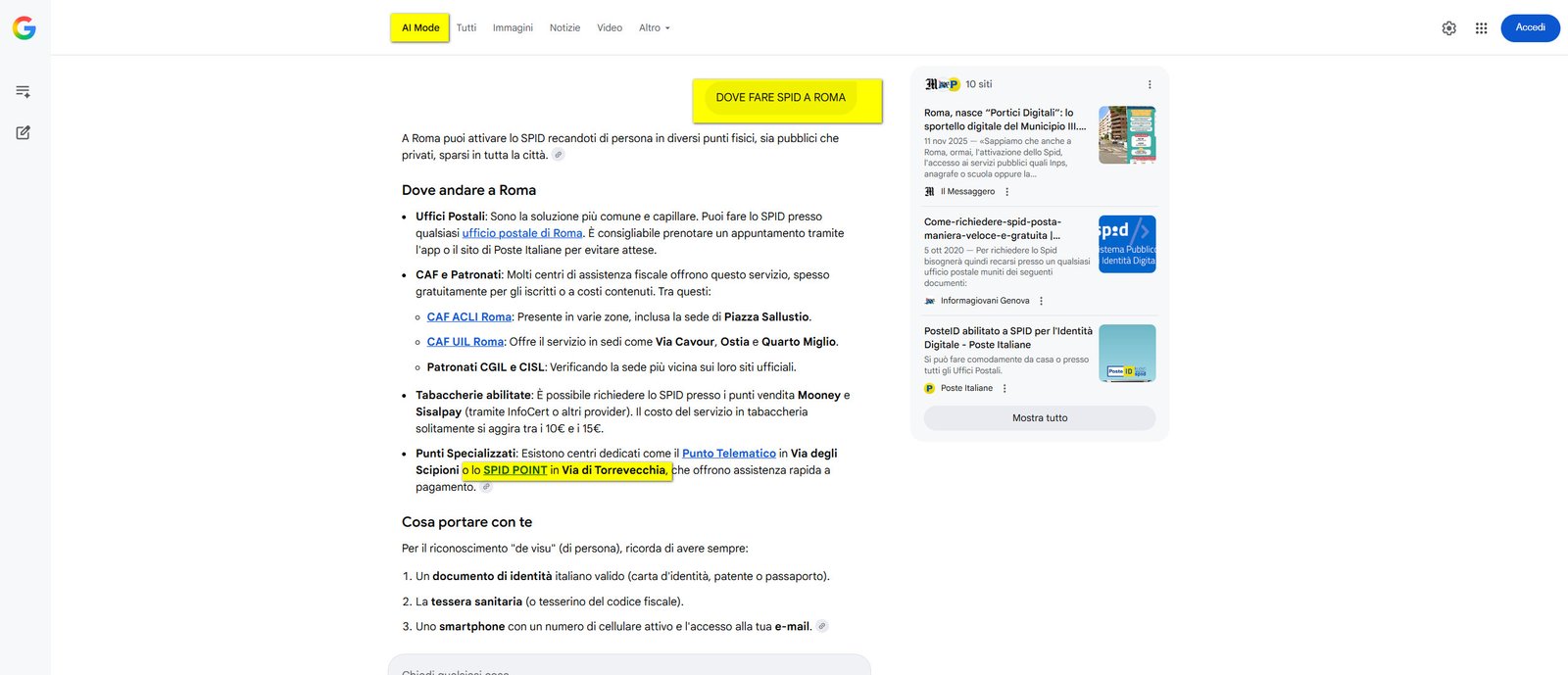 Google AI Mode cita e linka lo SPID Point Roma per la query dove fare SPID a Roma