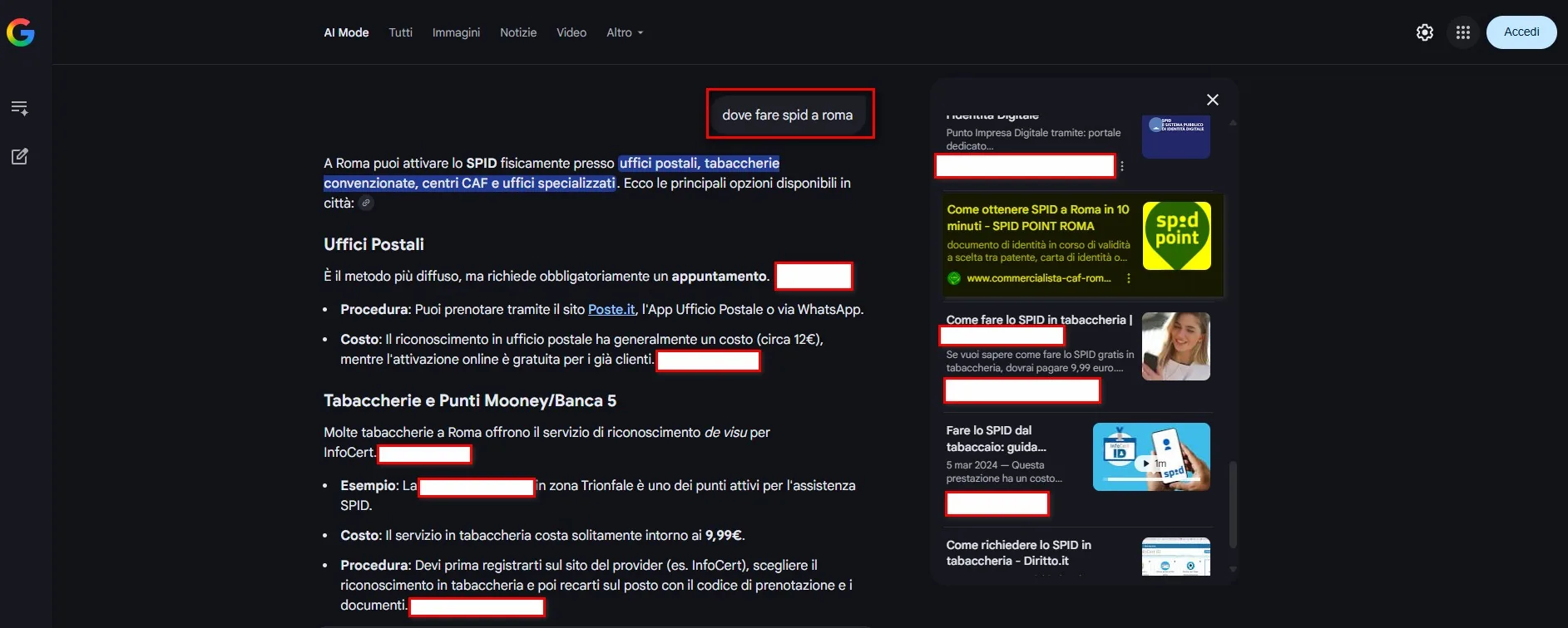 SPID Point Roma citato con link diretto in Google AI Mode