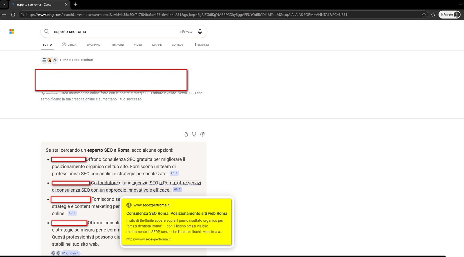seoexpertroma.it citato nell'AI Overview di Bing Copilot per esperto SEO Roma