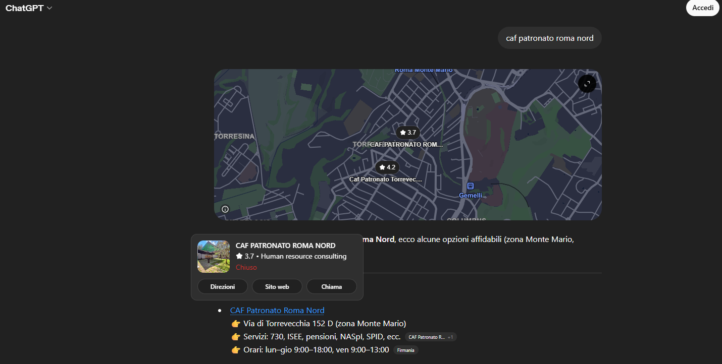 ChatGPT cita e linka CAF Patronato Roma Nord nella risposta