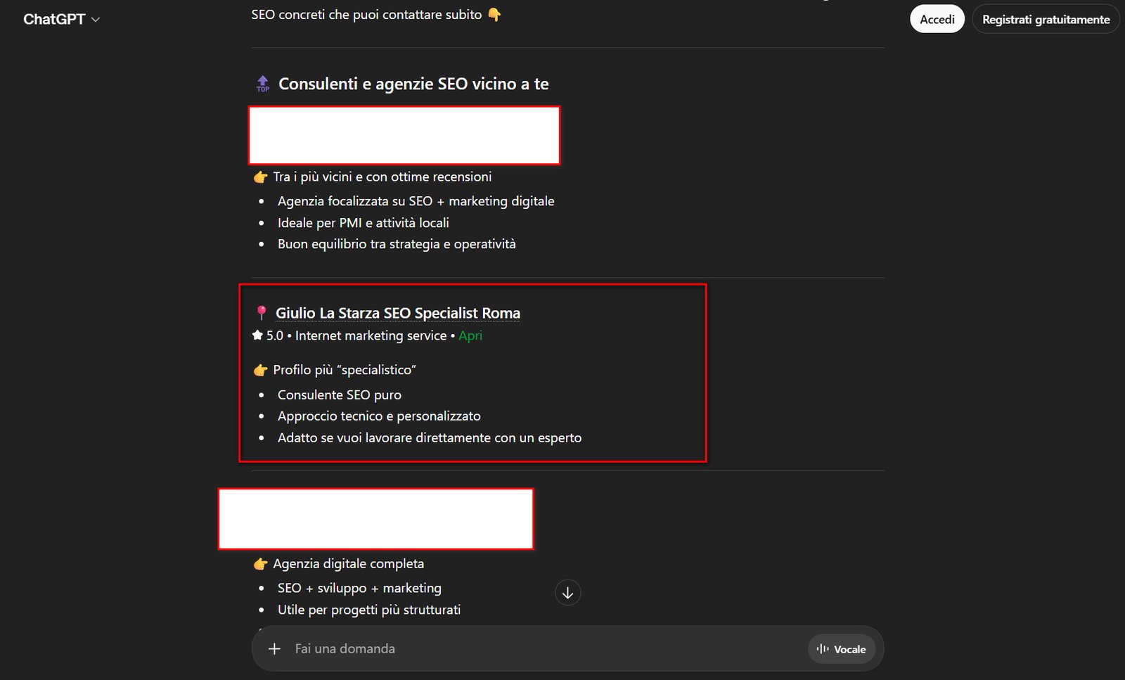 ChatGPT consiglia Giulio La Starza come consulente SEO Roma con valutazione 5 stelle