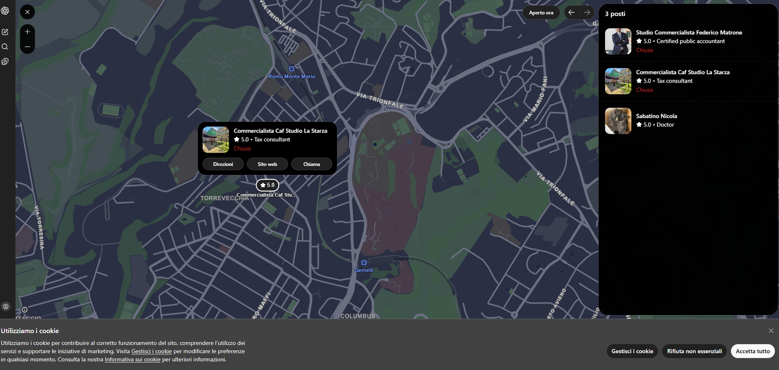 ChatGPT mappa commercialista Roma Nord: Commercialista Caf Studio La Starza in posizione 2