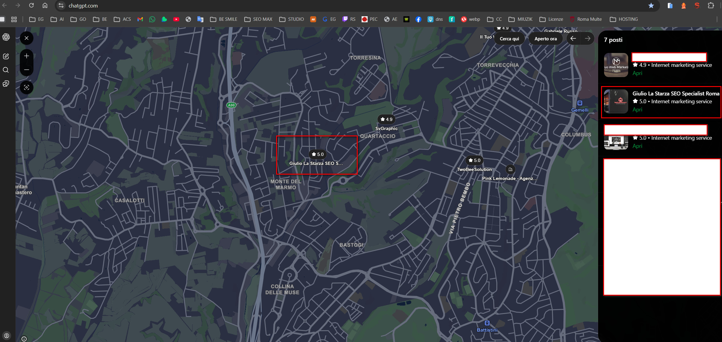 Profilo di Giulio La Starza SEO visibile sulla mappa di ChatGPT per Roma