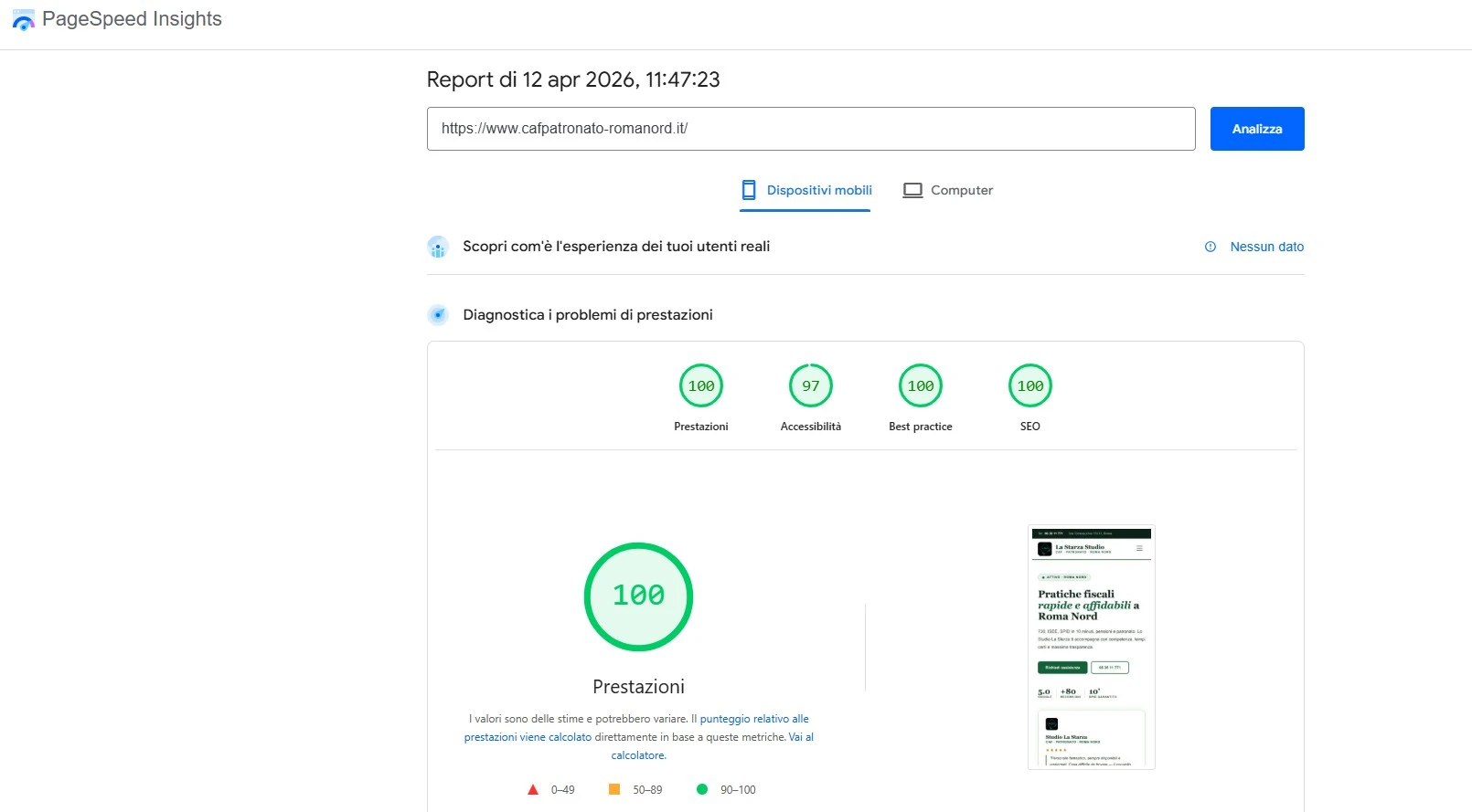 PageSpeed Insights 100/100/100/100 CAF Patronato Roma Nord
