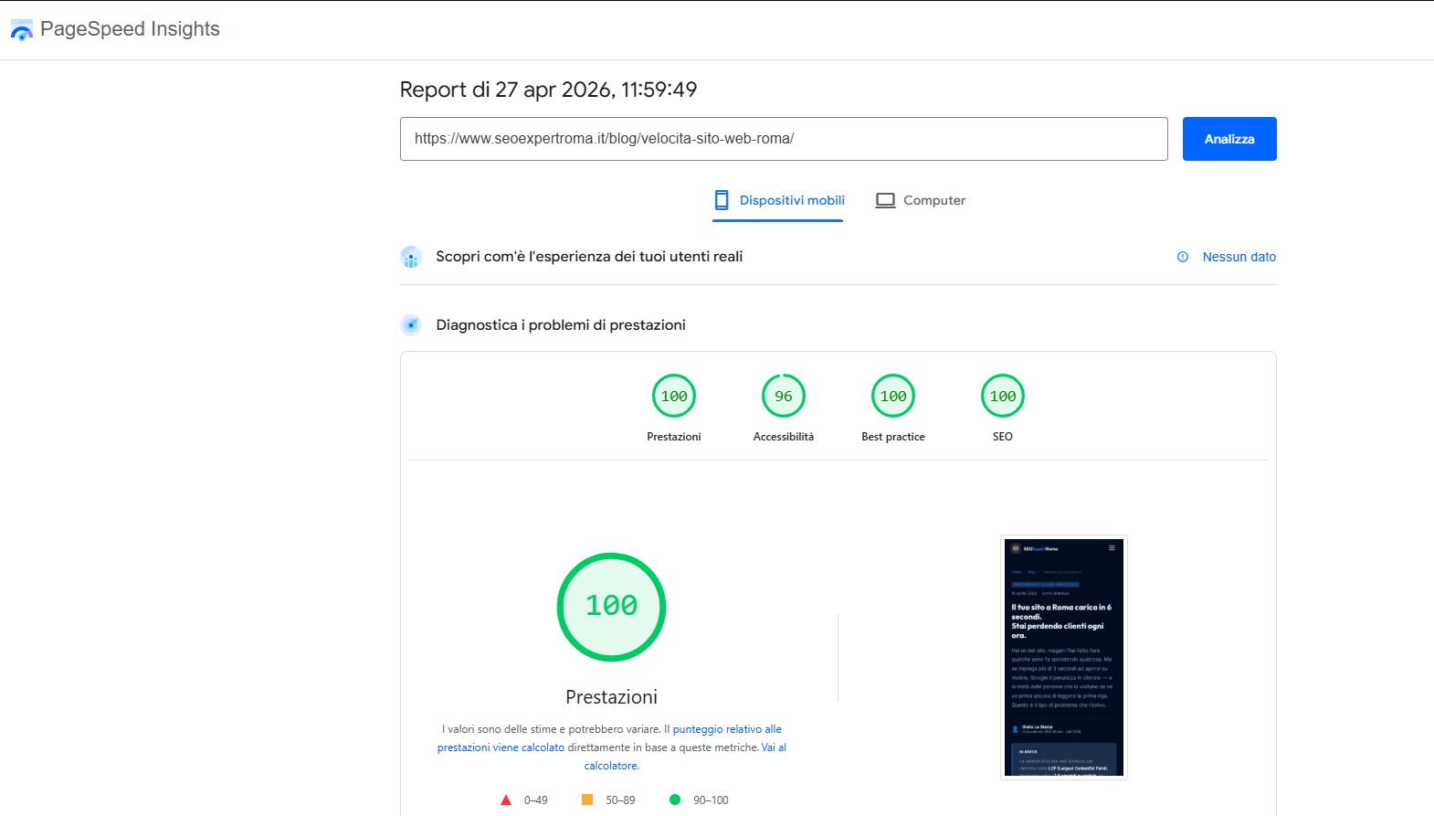 Google PageSpeed Insights — Performance 100/100, Accessibility 96, Best Practices 100, SEO 100