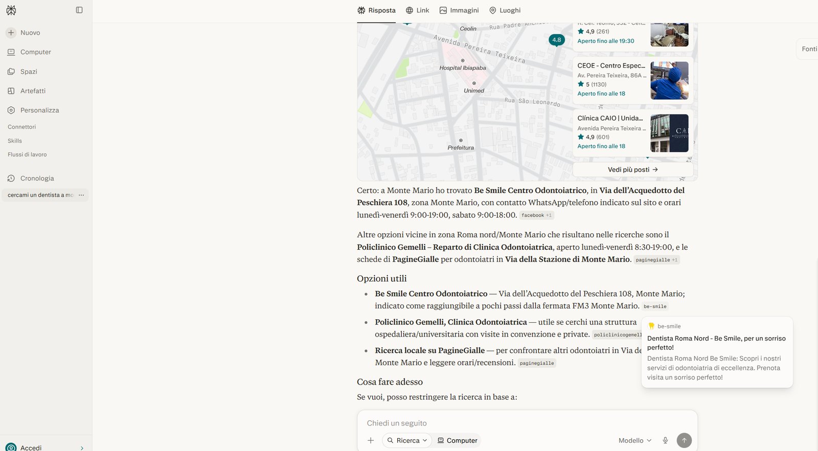 Perplexity indica Be Smile Centro Odontoiatrico come prima opzione per un dentista a Monte Mario, Roma, giugno 2026
