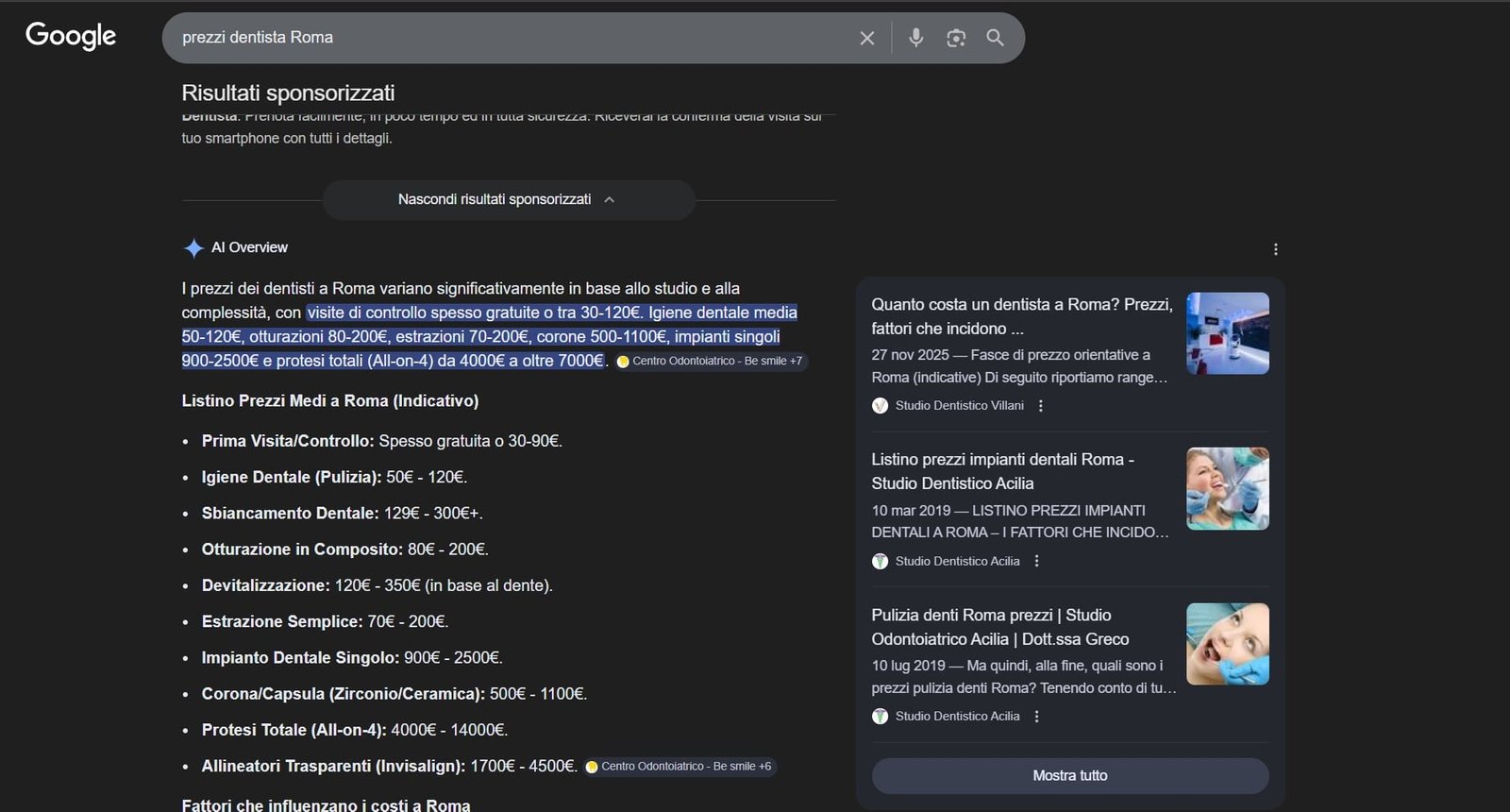 Screenshot Google AI Overview: Be-Smile citata come fonte #1 su 7 siti per prezzi dentista Roma