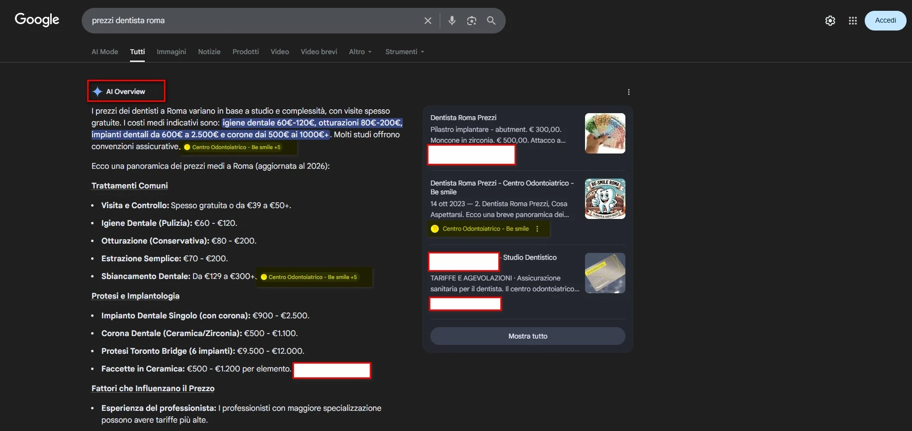 Be-Smile AI Overview fonte #1 su 7 siti — prezzi dentista Roma