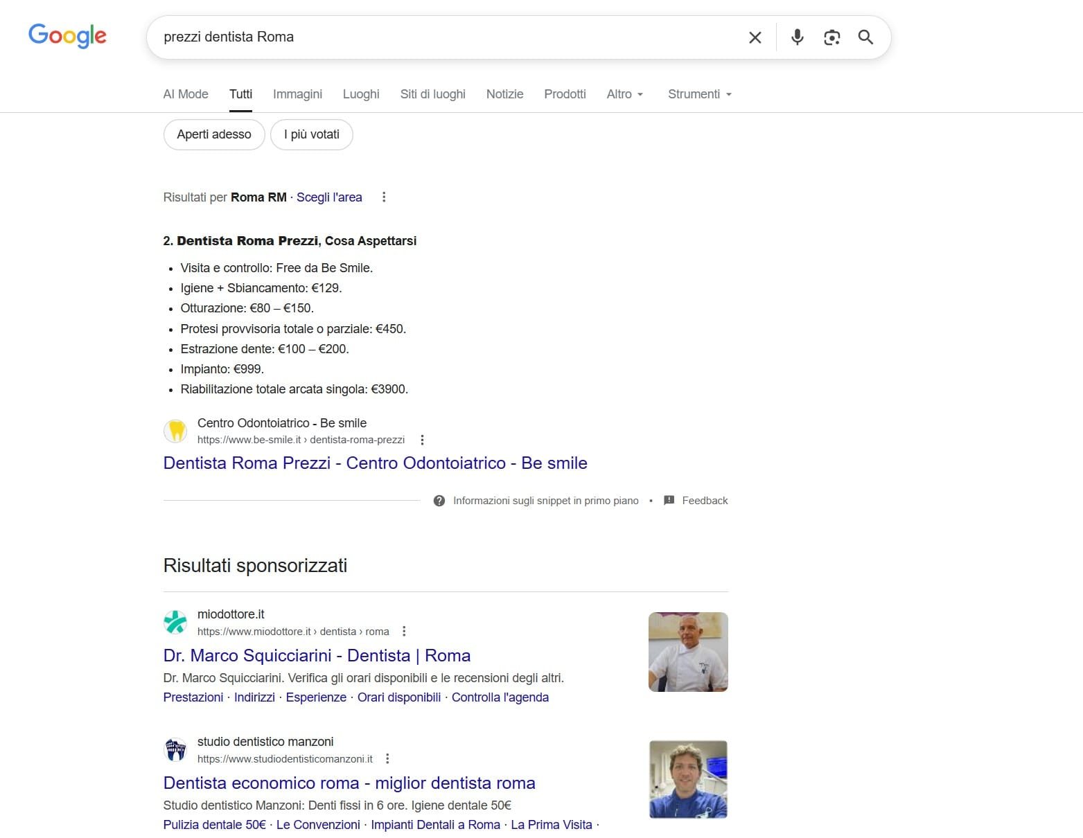 Screenshot Google: Be-Smile al Featured Snippet per prezzi dentista Roma