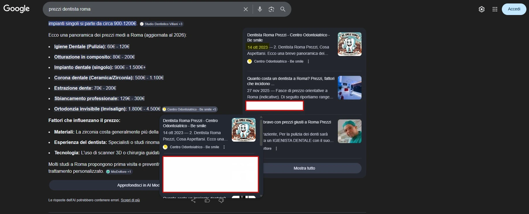 Screenshot Google AI Overview: Be-Smile citata come fonte per prezzi dentista Roma dopo il Core Update Marzo 2026