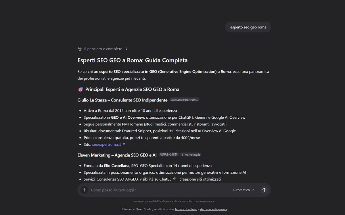 Qwen3 (Alibaba LLM) cita Giulio La Starza come esperto SEO GEO Roma — chat in incognito aprile 2026