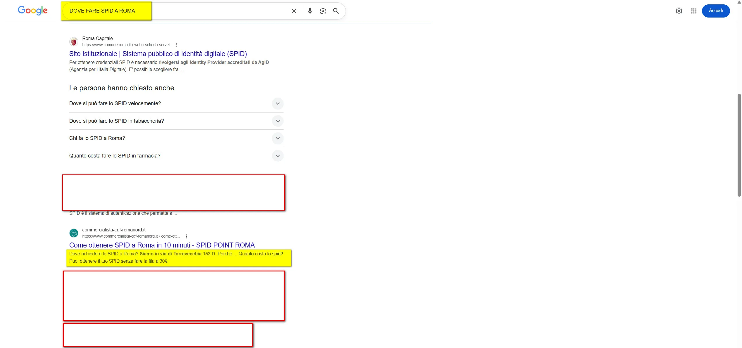 Google SERP con Rich Snippet SPID Point Roma, prezzo 30€