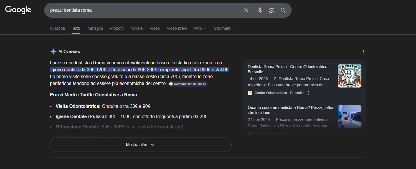 Case study GEO Roma — AI Overview prezzi dentista Roma su Google, ChatGPT e Gemini